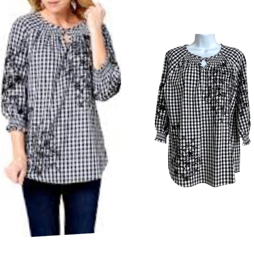 Black White Ginghamcore  Prairie Embroidered Cotton Blouse Top Sz 8 Cottagecore